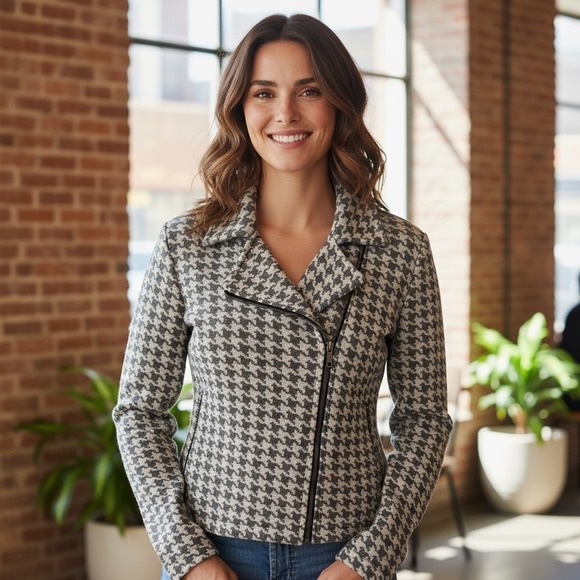 Chaps Houndstooth Women Large Knit Moto Jacket Black White Zip Collared Cardigan - Picture 1 of 13